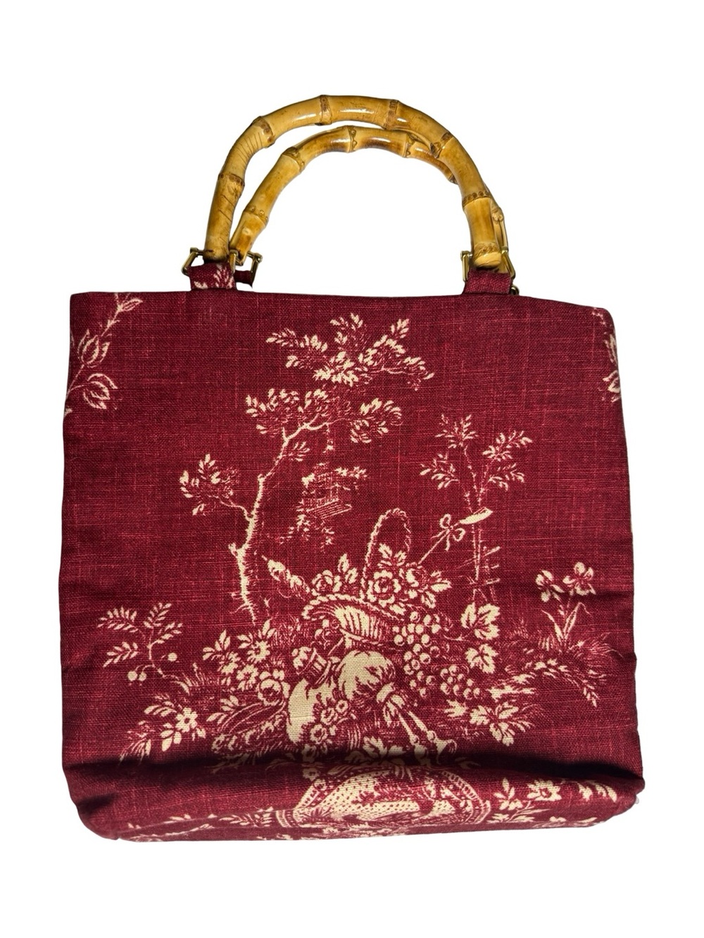 Princess Bud & Patsy Satchel Handbag Red Toile Print Bamboo Handles Vintage